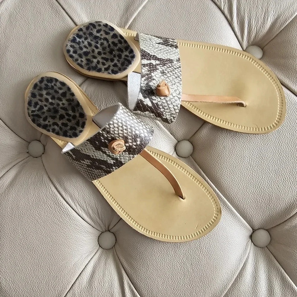 Italy Leather Flat Thong Sandals  Snake Skin Phyton Pattern Beige Tan size 8.5 - Picture 1 of 5